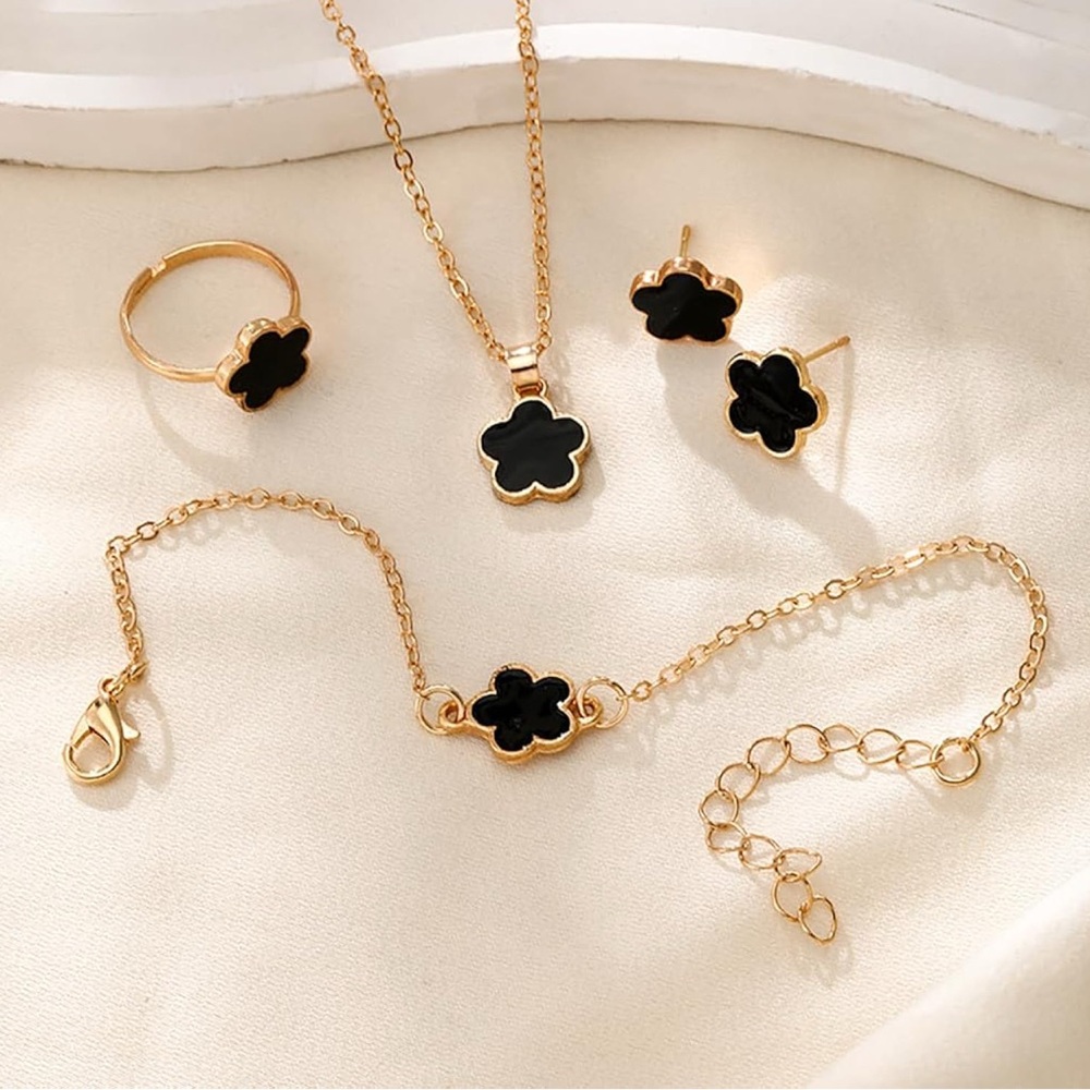 Five Petal Black Flower Gold Tone 4 Piece Jewelry Set Fashion Trendy Simple NWT